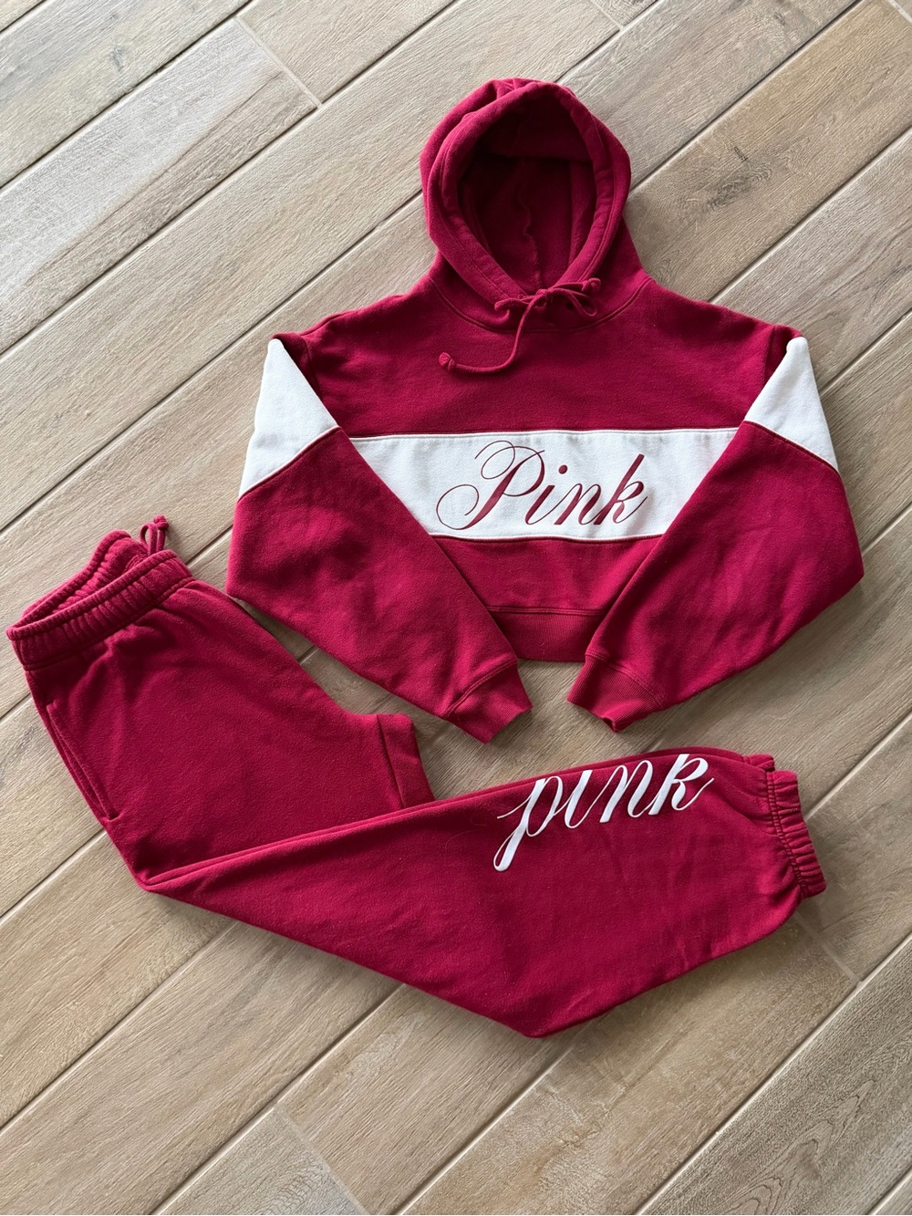 NWOT PINK Victoria's Secret Maroon & White Cropped Hoodie & Joggers Set Size XS